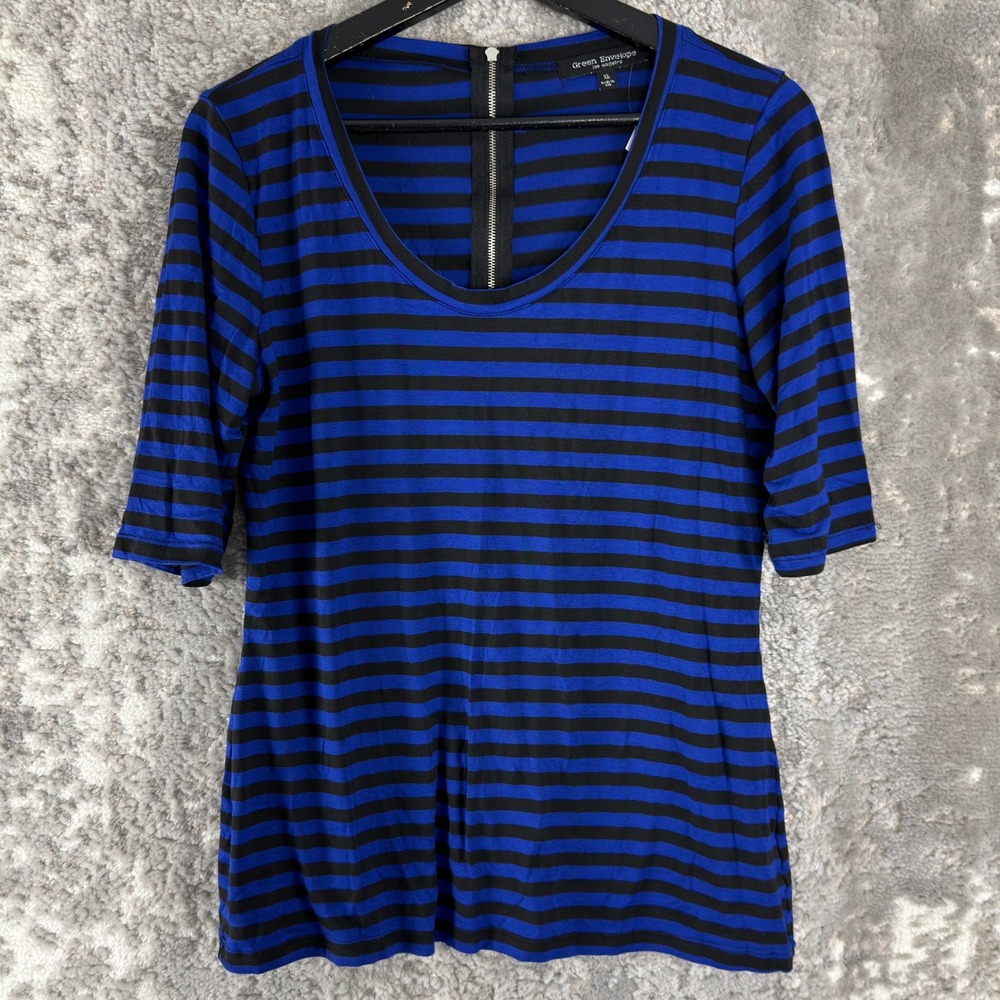 New Green Envelope Size XL Striped Exposed Zipper Knit Top Blue 3/4 Sleeve Women